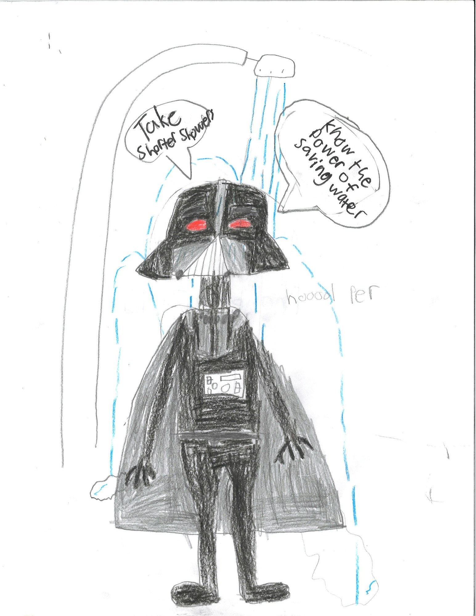 A character resembling a famous villain stands under a shower, promoting shorter showers to save water.