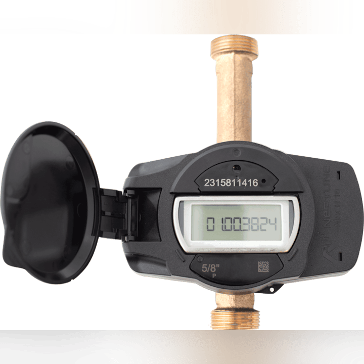 The image shows a digital water meter, displaying usage data and features a black cover.
