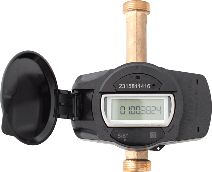 The image shows a digital water meter, displaying usage data and features a black cover.