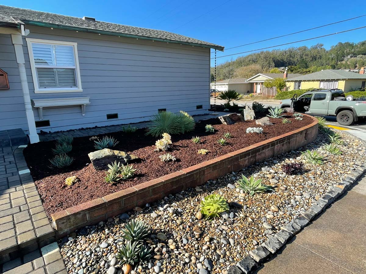 House exterior with a landscaped garden featuring succulents, mulch, rocks, and a raised brick border.