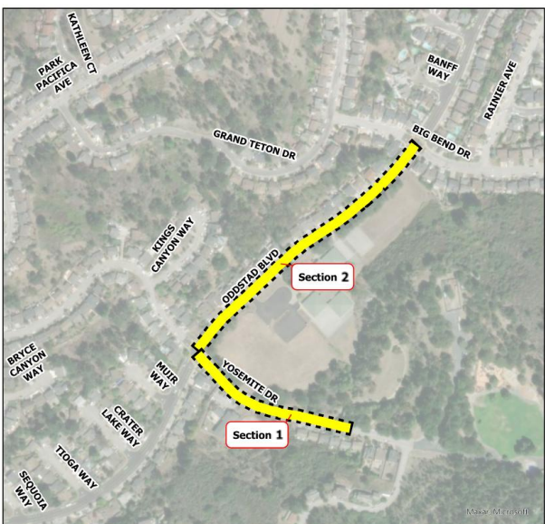 Map showing sections of roads marked: Section 1 on Yosemite Dr, Section 2 on Oddstad Blvd and Big Bend Dr, with surrounding streets labeled.