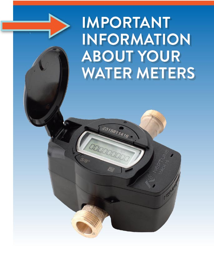 A water meter with an open lid and digital display. Text: "Important information about your water meters."