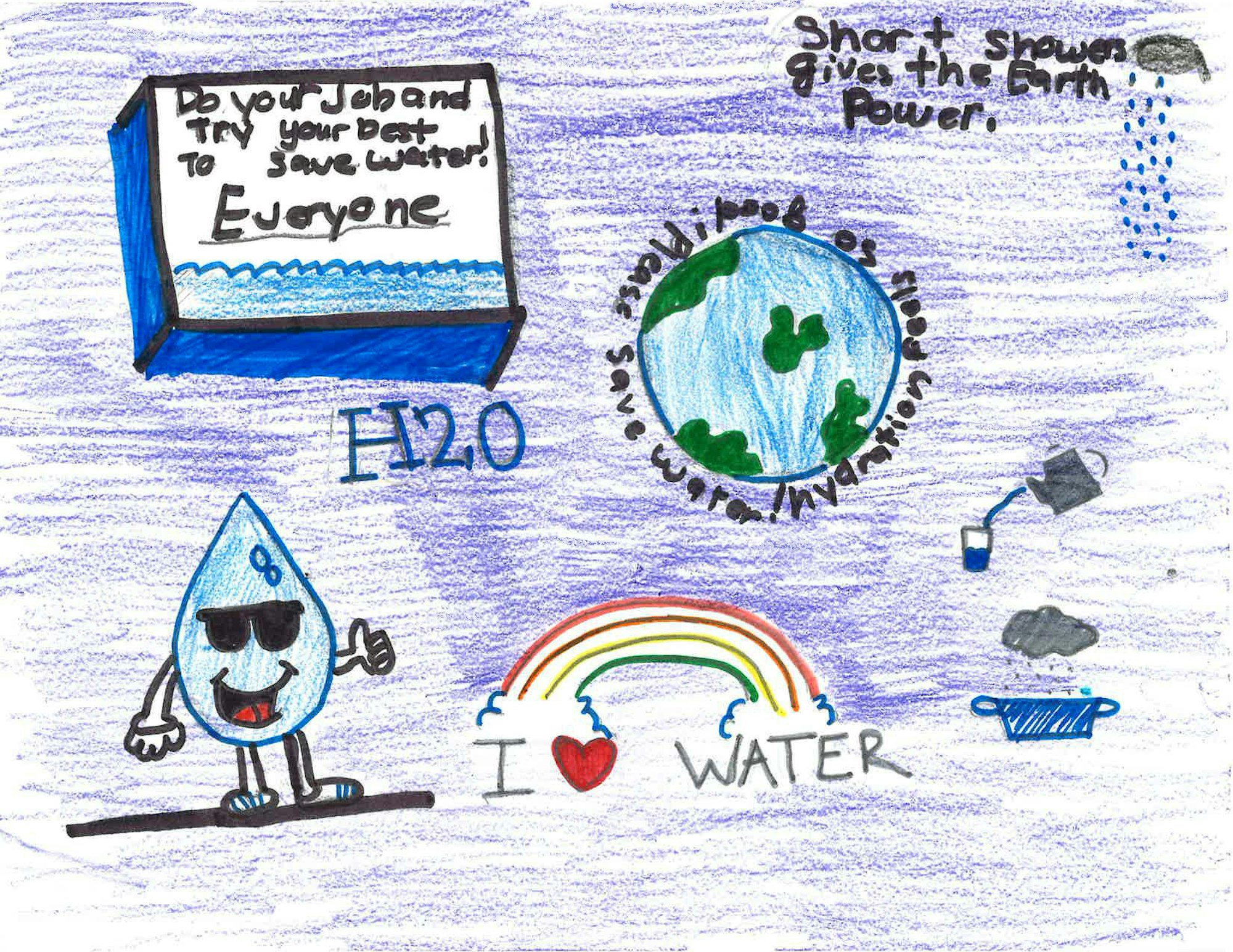 A colorful drawing promoting water conservation, featuring a happy water droplet, a globe, and messages about saving water.