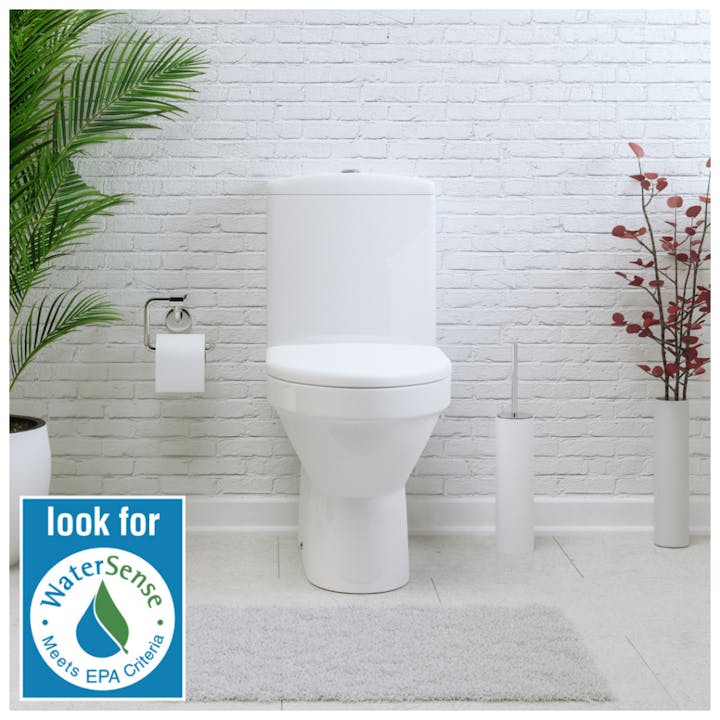 Toilet with plants, toilet paper, brush, white brick wall, and WaterSense label.