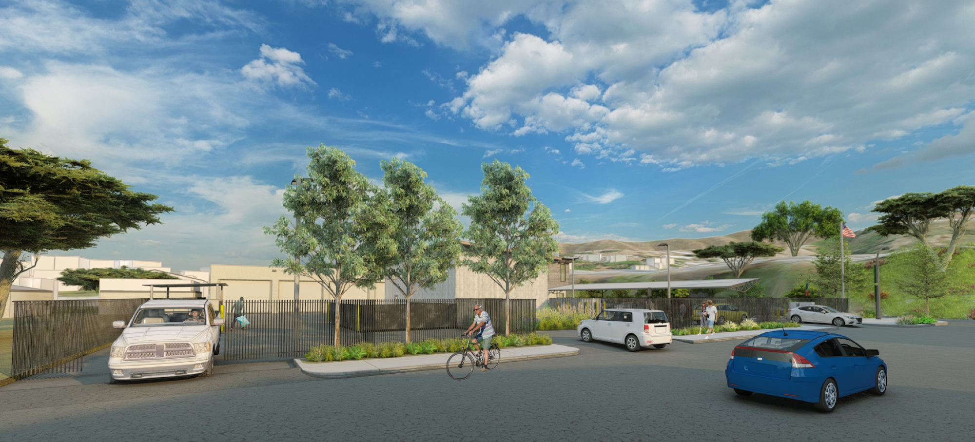 A computer-generated image of a modern entrance area with trees, vehicles, and people near a gated facility under a blue sky.