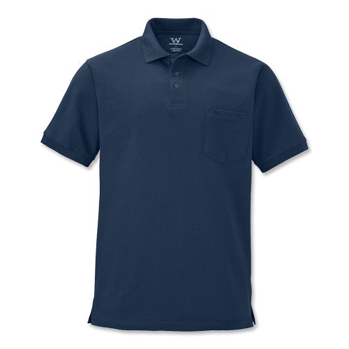 A navy blue polo shirt with a collar, short sleeves, a pocket on the left side, and a buttoned placket.