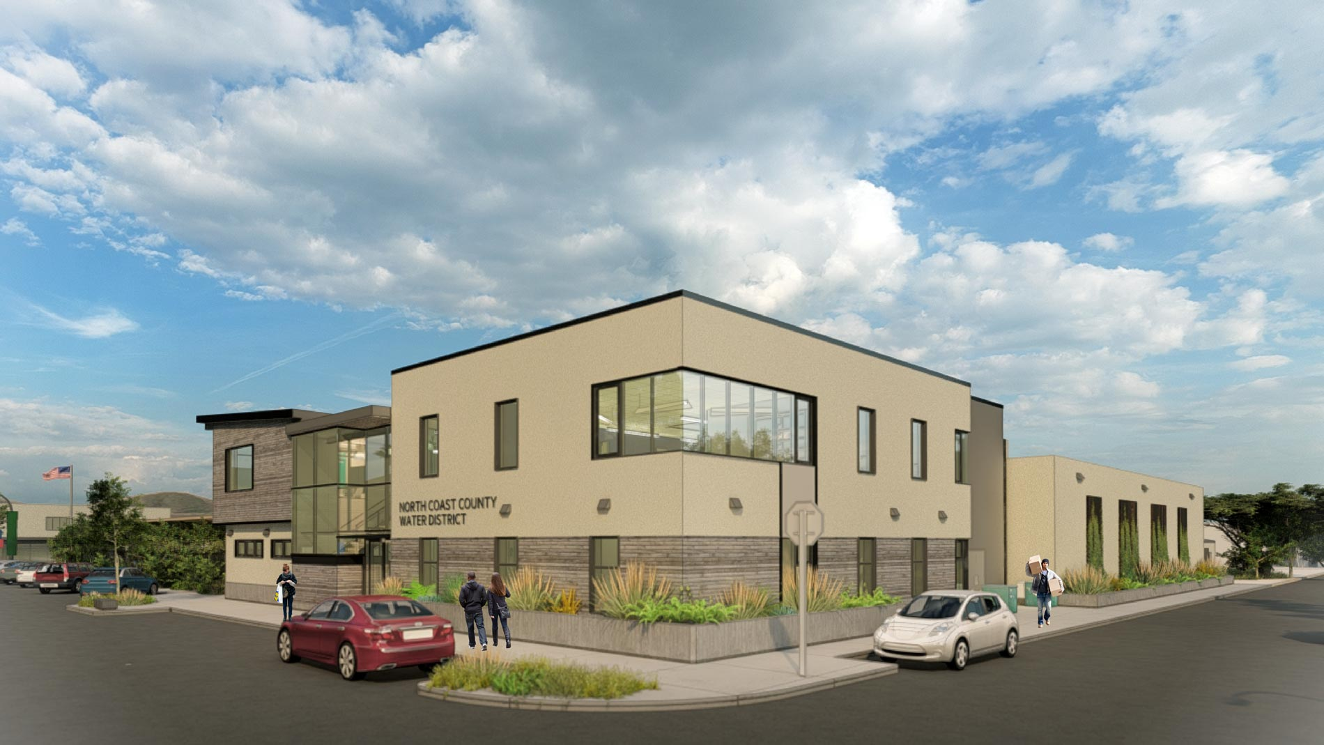 A modern building labeled "North Coast County Water District," with cars and people nearby under a partly cloudy sky.