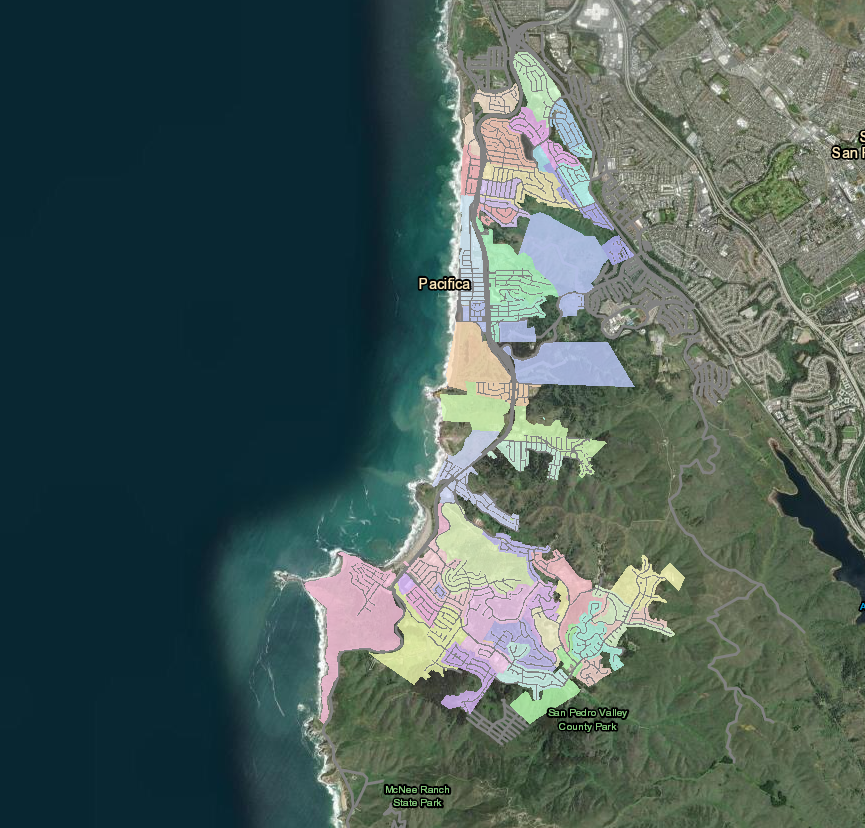 Map of Pacifica, CA with color-coded areas and parks, near the ocean.