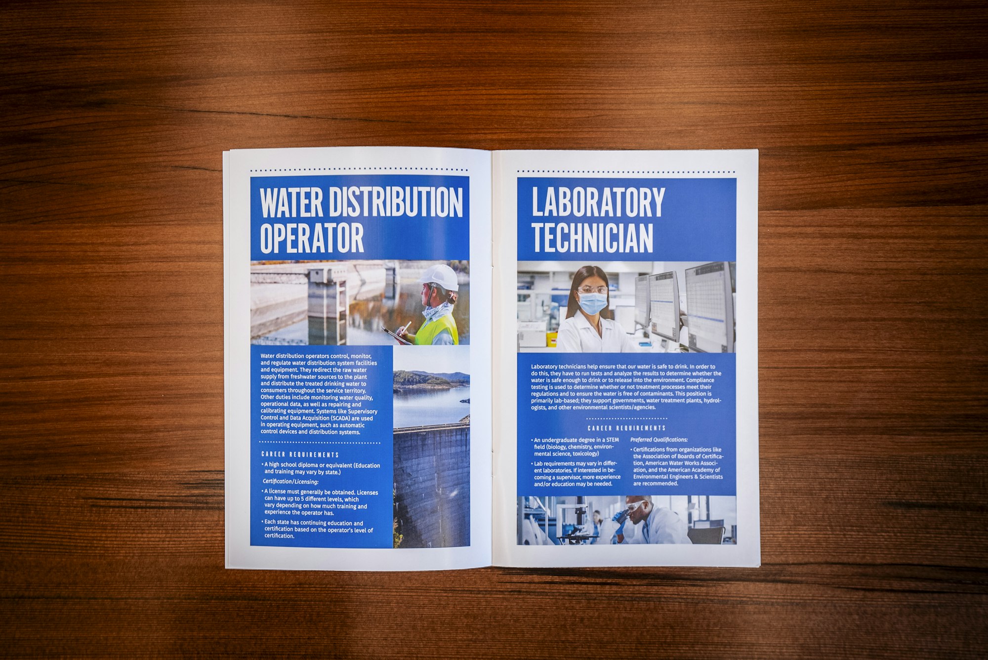 The image shows a two-page spread featuring job descriptions for a Water Distribution Operator and a Laboratory Technician, highlighting career requirements.