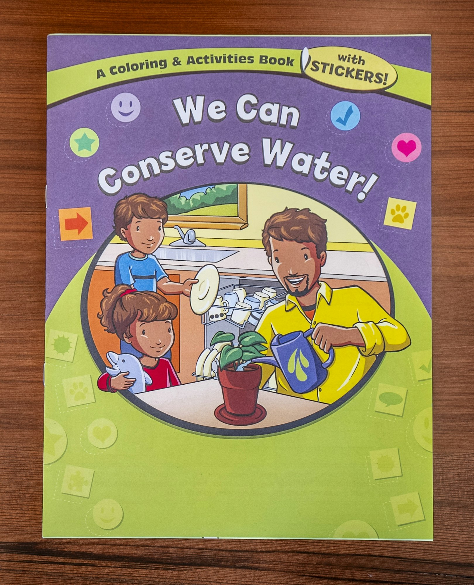 It's a children's coloring and activities book titled "We Can Conserve Water!" featuring fun ways to learn about water conservation.
