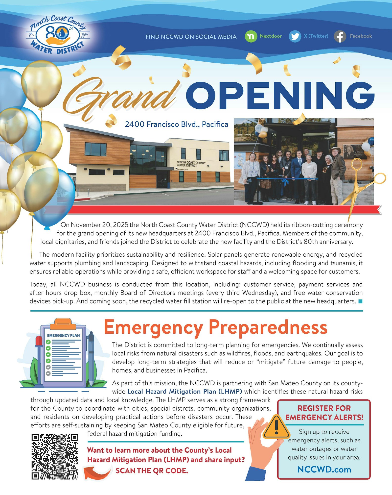 Grand opening of the North Coast County Water District's new headquarters in Pacifica on November 20, 2025, featuring sustainability initiatives.