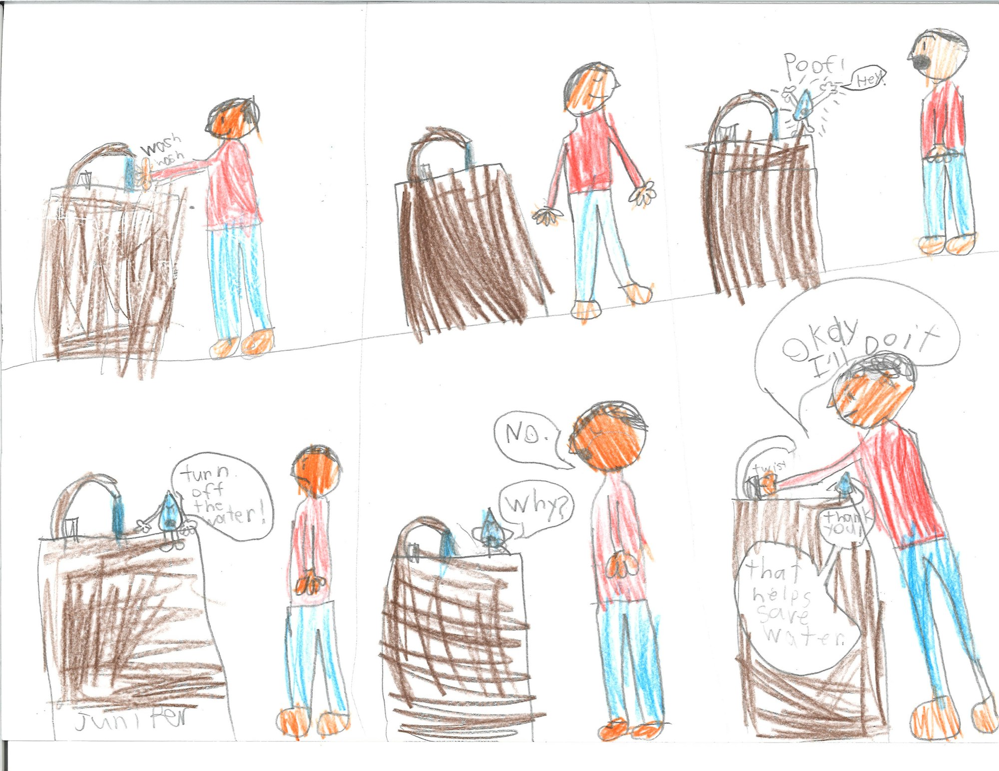 A comic of two characters discussing turning off water, with one initially reluctant but eventually agrees to help.