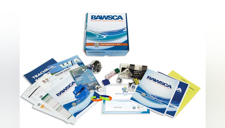 The image shows a "Waterwise Kit" from BAWCSA, including educational materials, tools for testing water flow, and guides.