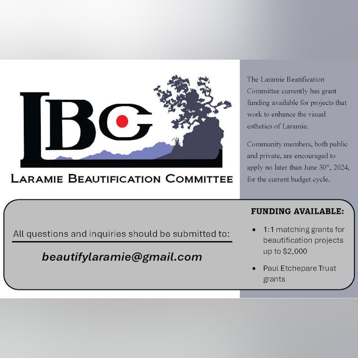 Flyer for Laramie Beautification Committee with grant info, application instructions, and contact email.