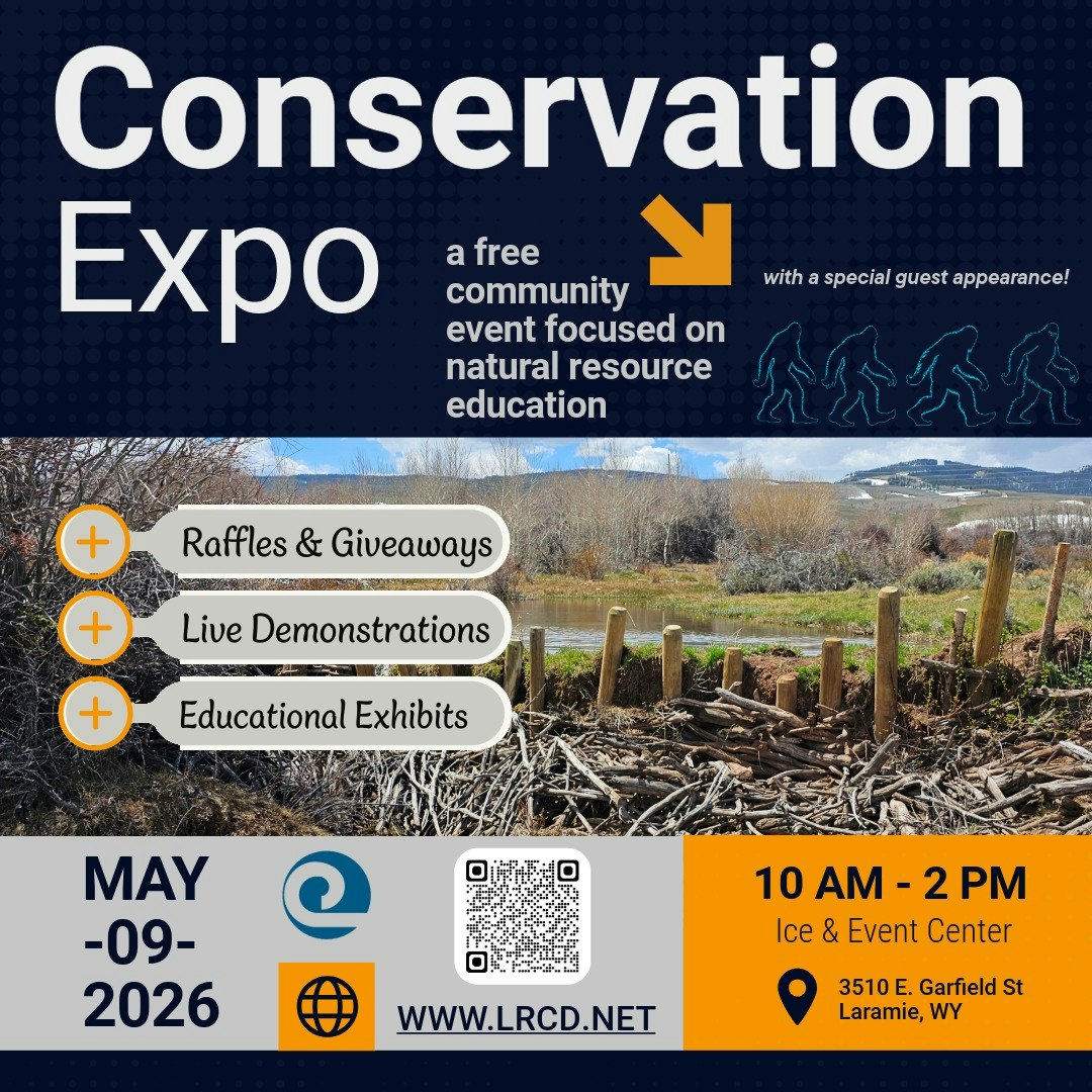 Promotional poster for the Conservation Expo on May 9, 2026, in Laramie, WY, featuring raffles, demos, and educational exhibits.