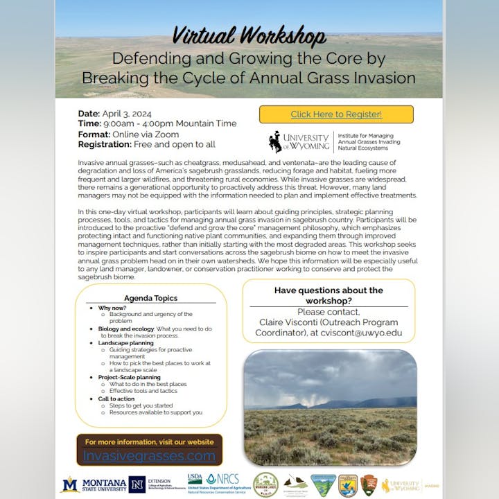 A flyer for a virtual workshop titled "Defending the Core by Breaking the Cycle of Annual Grass Invasion," scheduled for April 3, 2024.