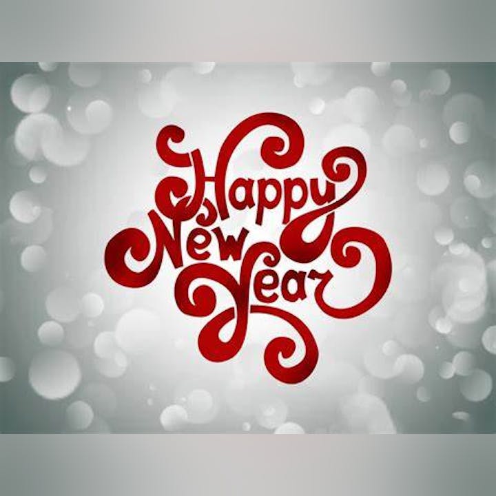 "Happy New Year" text in red with a festive, swirling design on a bokeh background.