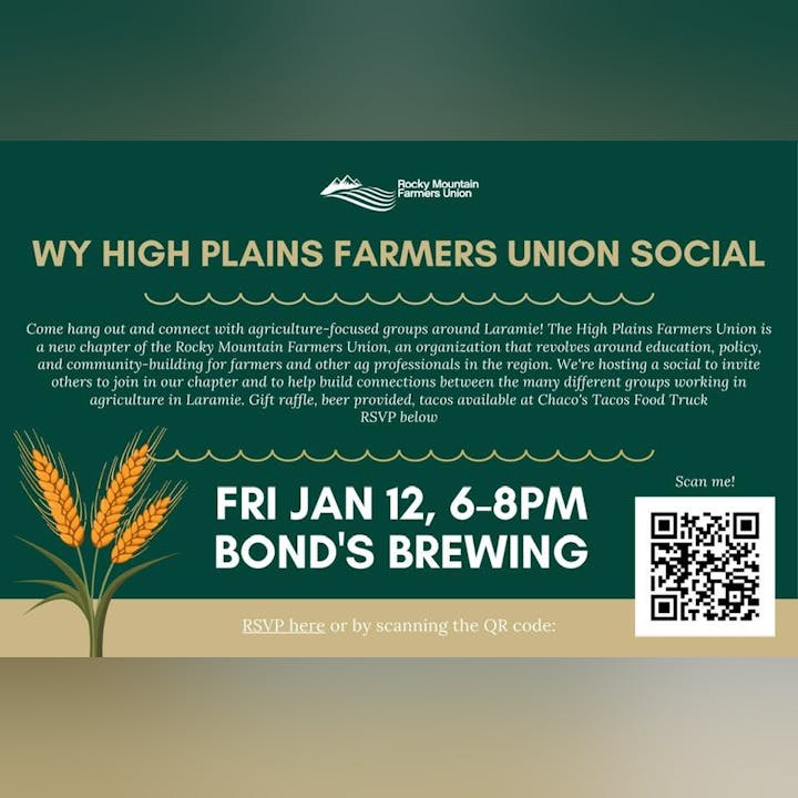 Invitation to a farmers union social event with details on date, time, location, and RSVP QR code.