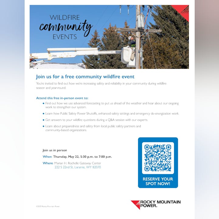 Wildfire community event flyer by Rocky Mountain Power; includes event details, date, location, and a QR code to reserve a spot.