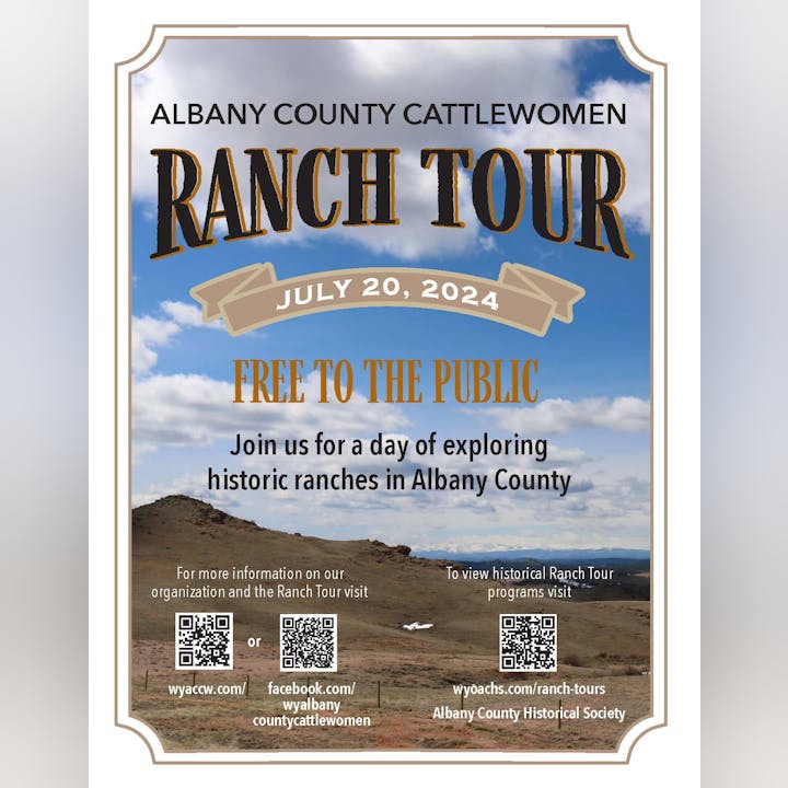A poster for a free public "Ranch Tour" on July 20, 2024, organized by Albany County Cattlewomen, with QR codes and URLs.