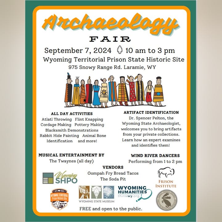 A poster for an Archaeology Fair on September 7, 2024, with activities, entertainment, and vendors. Free admission.