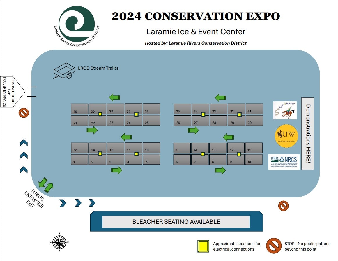 Floor plan for the 2024 Conservation Expo with booth layout, bleacher seating, and demonstration area.