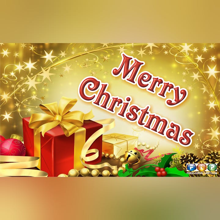 Festive "Merry Christmas" text with stars, gifts, ornaments, and a golden ribbon on a sparkly background.