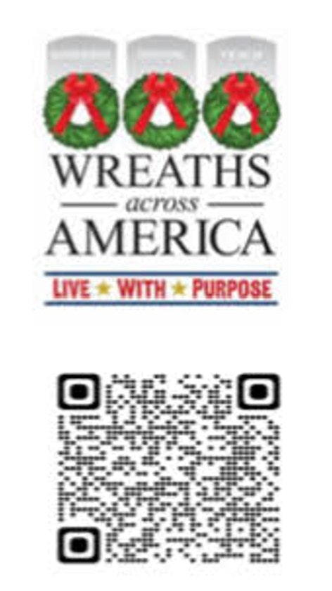Image features the "Wreaths Across America" logo and a QR code. It promotes a mission of honoring veterans.