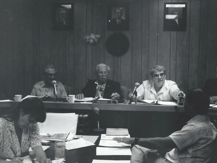 black and white photo of MVSD board meeting