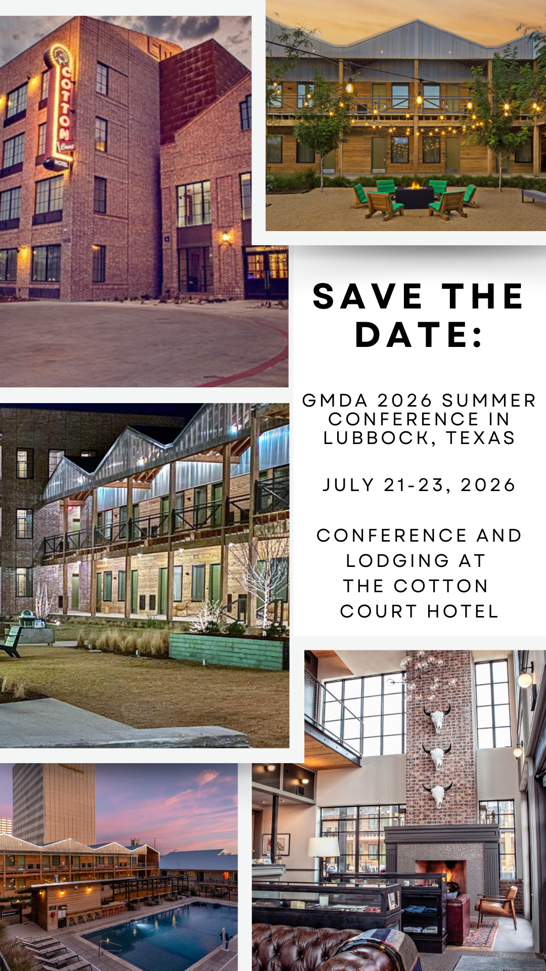 Image announces the GMDA 2026 Summer Conference, July 21-23, in Lubbock, Texas, at Cotton Court Hotel.