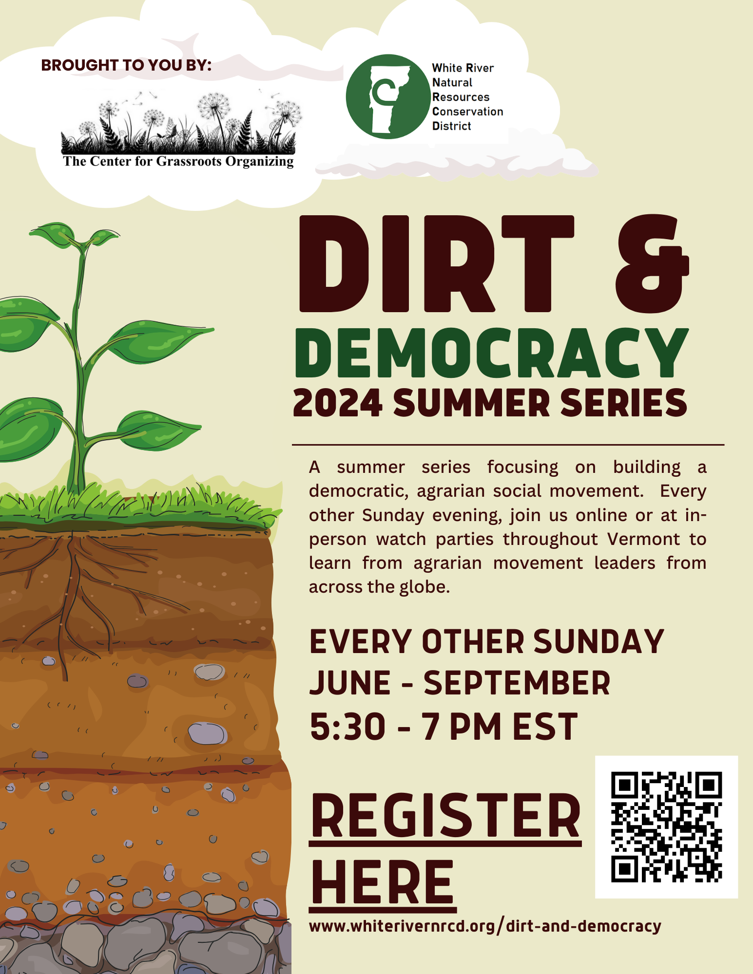 Promotional poster for "Dirt & Democracy 2024 Summer Series" with registration details and a QR code.