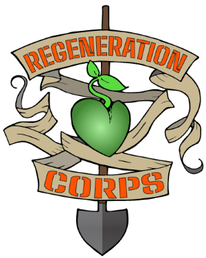 The image features a logo with "Regeneration Corps," a green heart with a leaf, and a shovel, symbolizing growth and renewal.