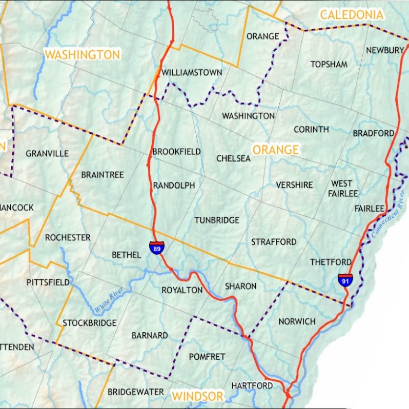 Map showing parts of Vermont, USA including counties like Washington, Orange, and Windsor. Key towns and interstates are marked in a detailed layout.