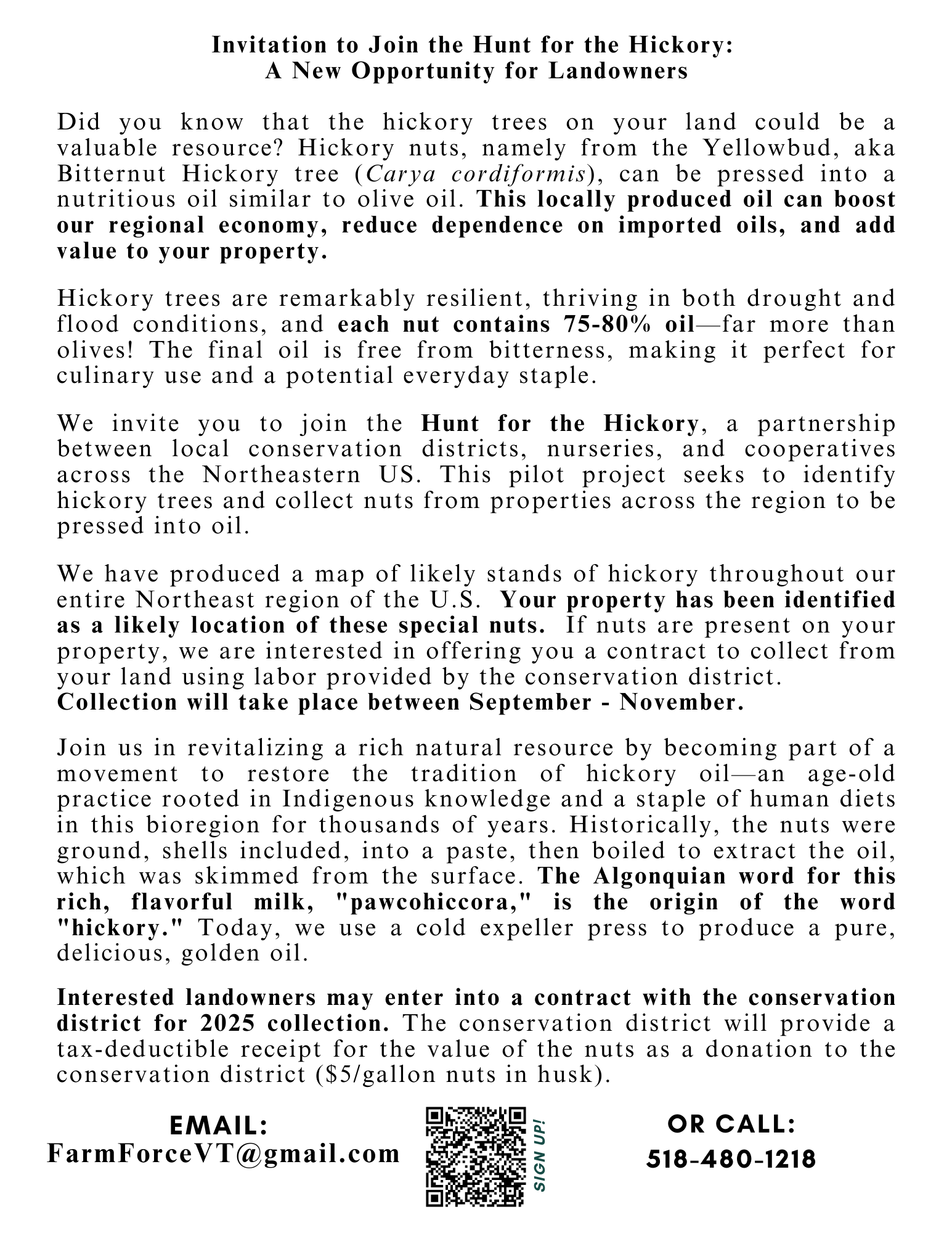 Invitation to join a hickory nut collection project, boosting local economy and conservation. Contact via email or phone for details.