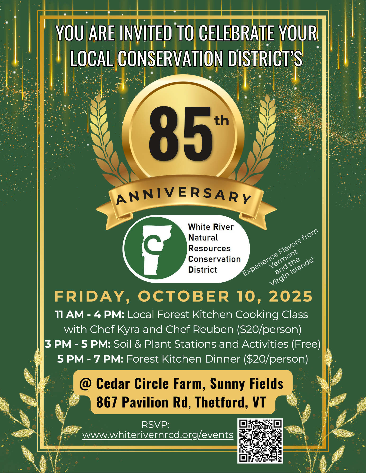 Celebration invite for the 85th anniversary of White River NRCD on October 10, 2025, with events, at Cedar Circle Farm, Thetford, VT.