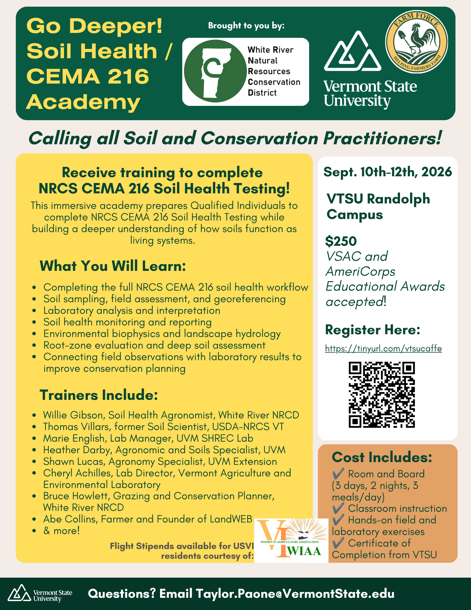 Soil Health Academy (Sept 10-12, 2026) in VT trains on NRCS CEMA 216 Soil Testing. Cost: $250. Room, board & awards included.