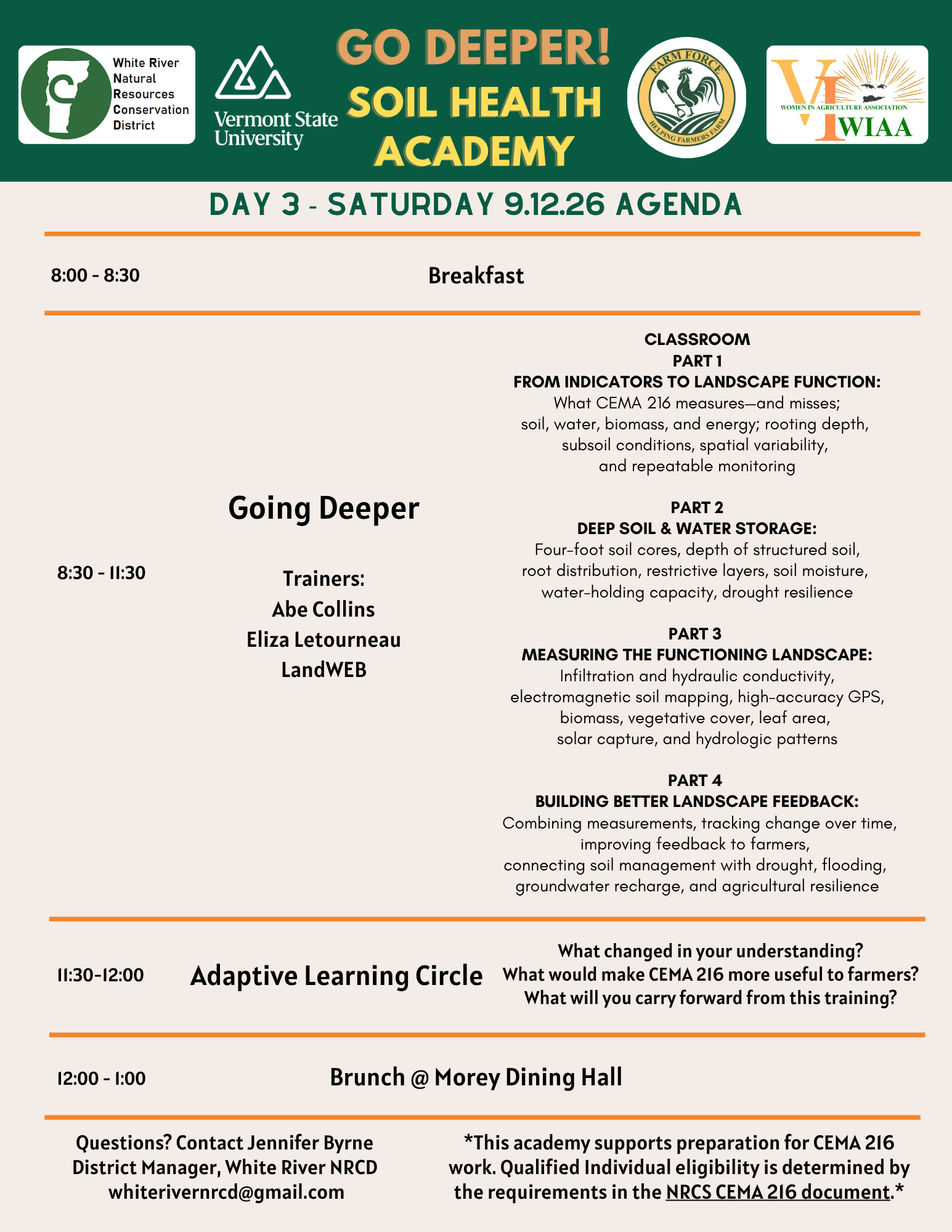 Agenda for Day 3 of the Soil Health Academy on 9/12/26, featuring sessions on soil measurement and management from 8:00 AM to 1:00 PM.