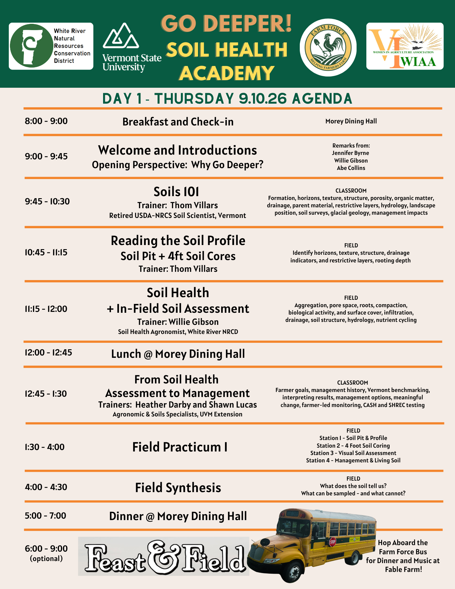 Agenda for Soil Health Academy: sessions on soil basics, health assessments, practical fieldwork, and meals throughout the day.