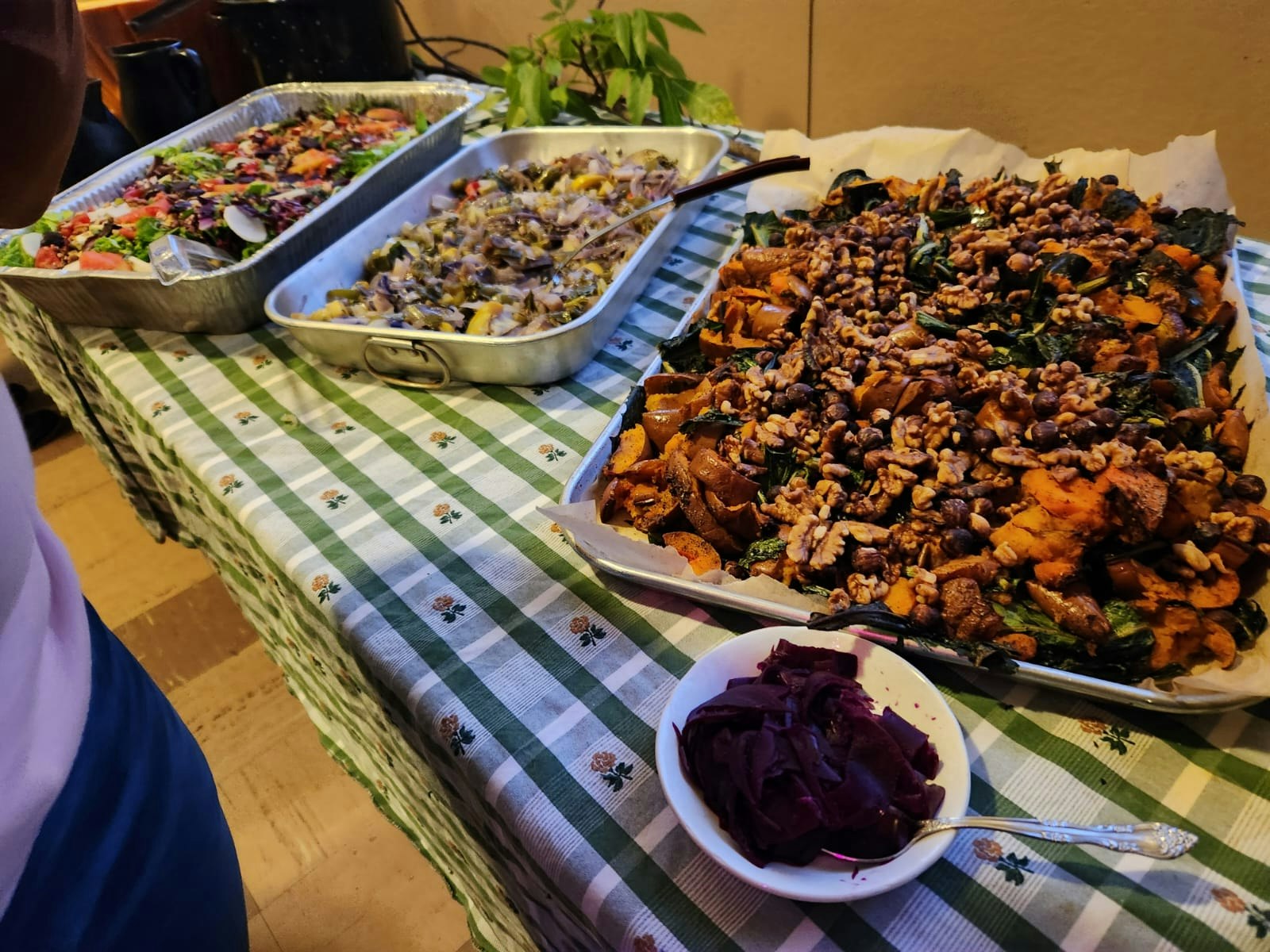 A table with trays of mixed salads, roasted vegetables with nuts, and a bowl of sliced beets on a checkered tablecloth.