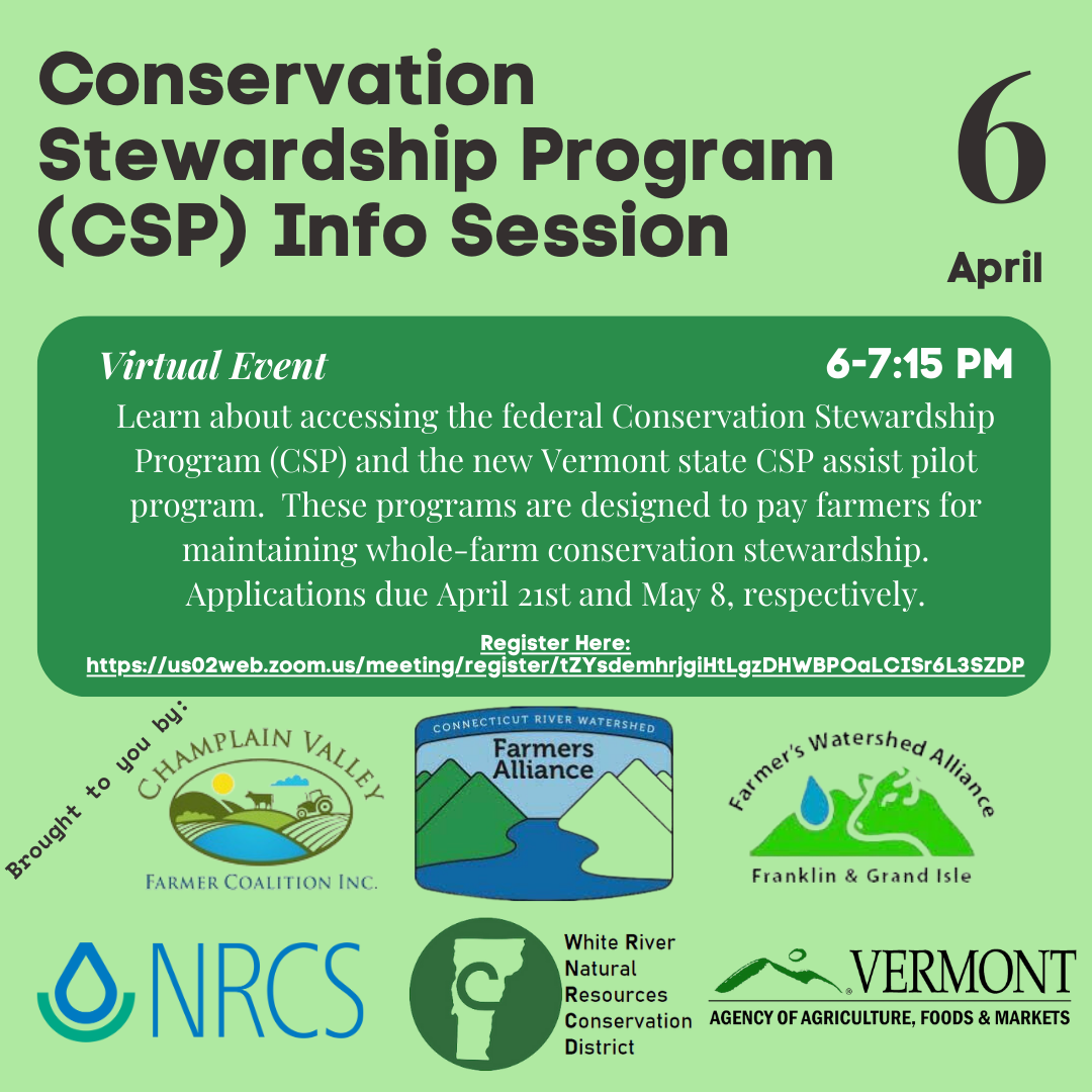 Flyer for a virtual Conservation Stewardship Program Info Session on April 6, from 6-7:15 PM, with registration link and logos of sponsors.