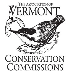 The image features a logo for the Association of Vermont Conservation Commissions, depicting a bird with a seed.