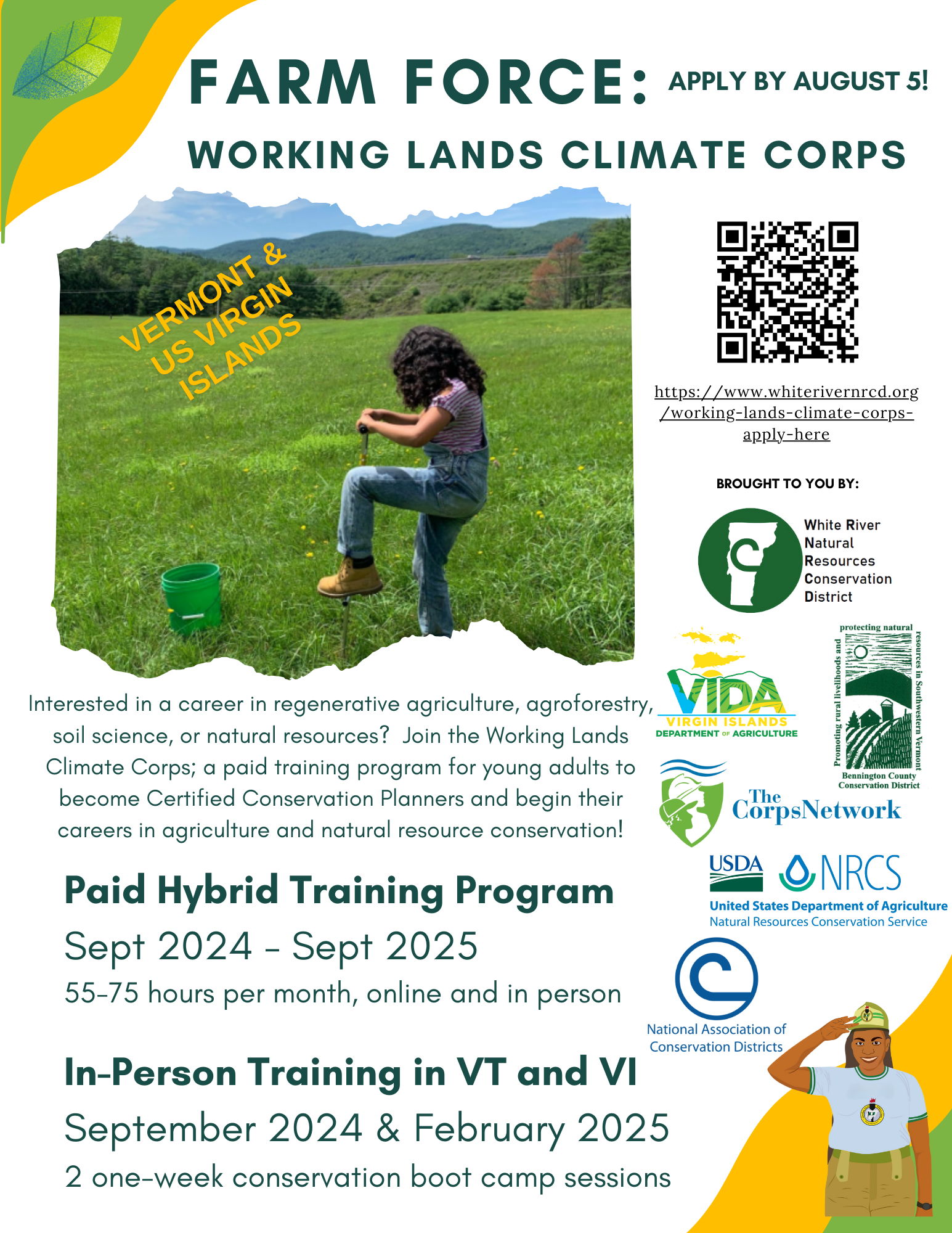 It's a promotional flyer for "FARM FORCE: WORKING LANDS CLIMATE CORPS" with a QR code, details about a training program, and logos of sponsors.