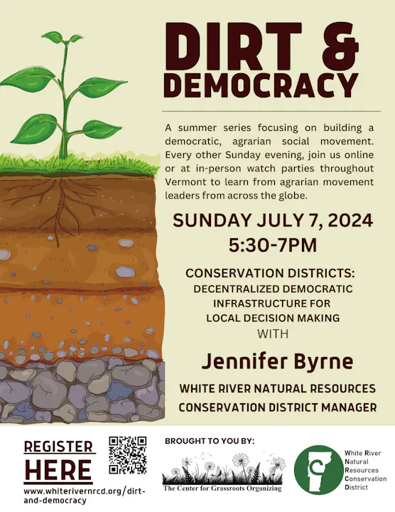 Event poster for "Dirt & Democracy" on July 7, 2024, featuring speaker Jennifer Byrne, with a plant illustration and registration QR code.