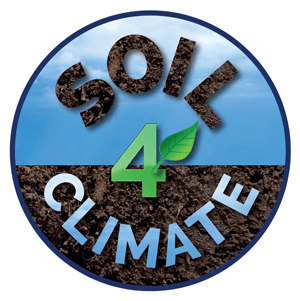 A logo with "Soil 4 Climate" text, leaf symbol, and a blue-to-green gradient background, promoting soil's role in climate health.