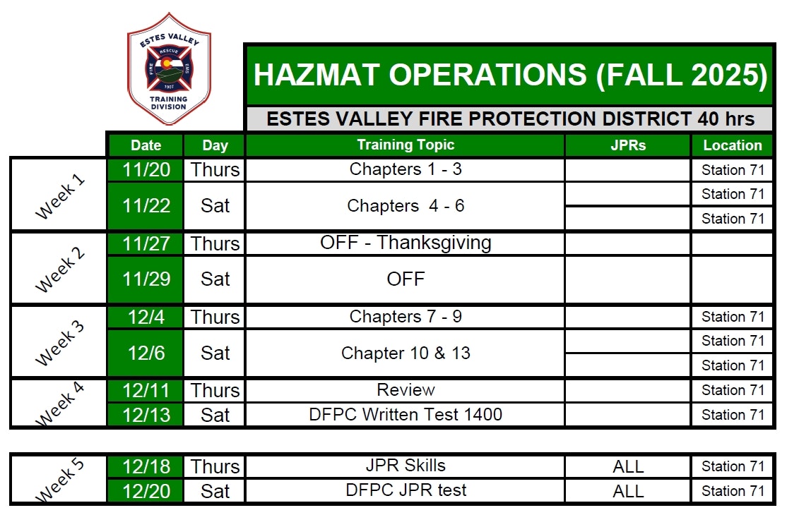 Hazmat Operations schedule for Fall 2025 at Estes Valley Fire Protection District, including dates and locations.