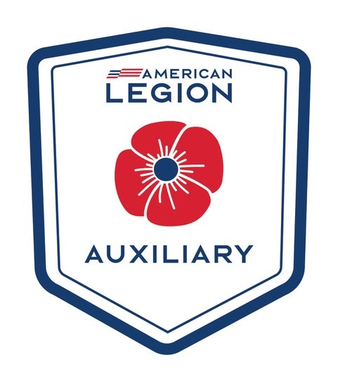American Legion Auxiliary logo with a red flower on a shield design.