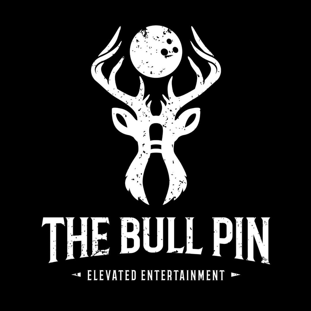 Deer antlers holding a bowling ball above text: "The Bull Pin, Elevated Entertainment" on a black background.