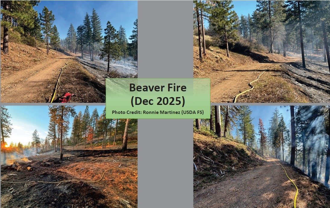 Images of the Beaver Fire (Dec 2025), showing burnt areas, a dirt path, and fire prevention equipment. Photo by Ronnie Martinez (USDA FS).