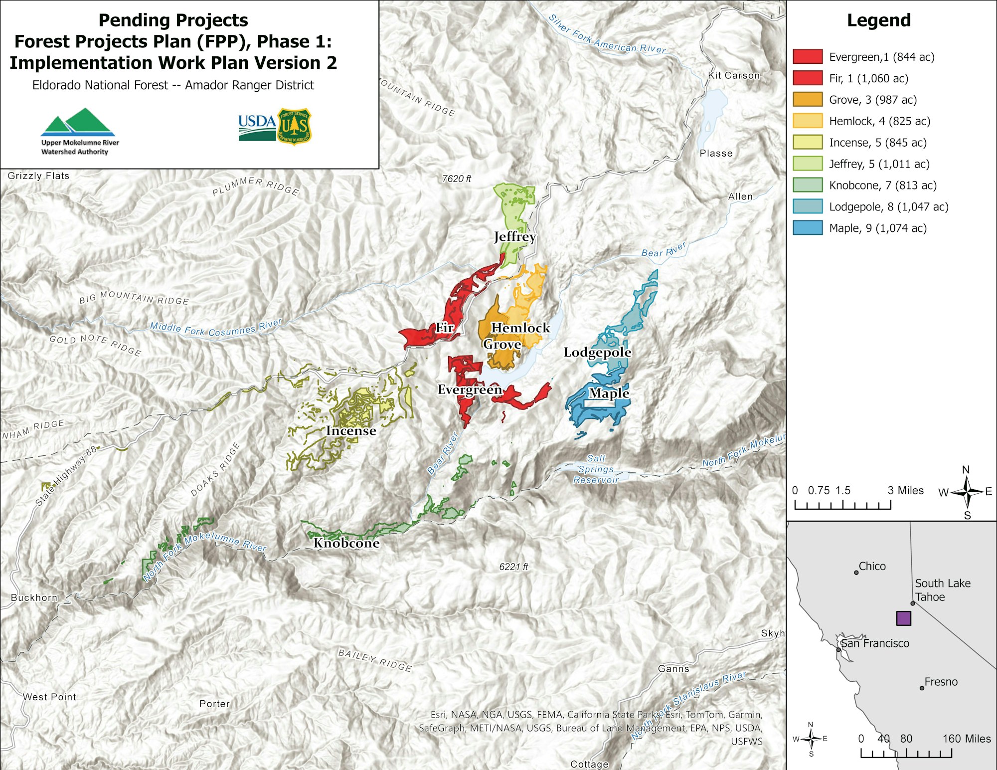 Map of proposed forest project areas in Eldorado National Forest, color-coded by project with acreage and legend.