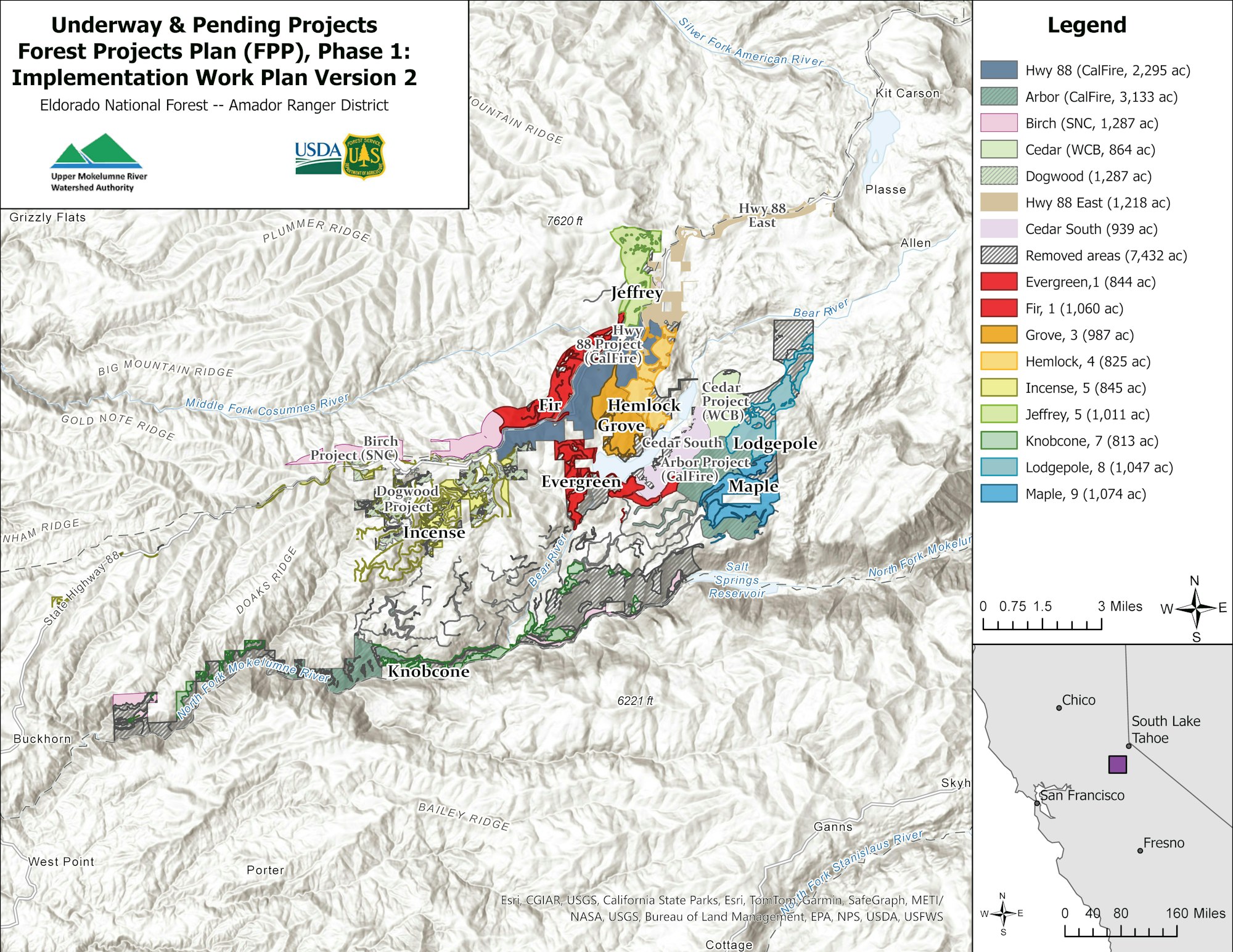 Map of forest project areas in Eldorado National Forest, color-coded by project with acreage and legend.